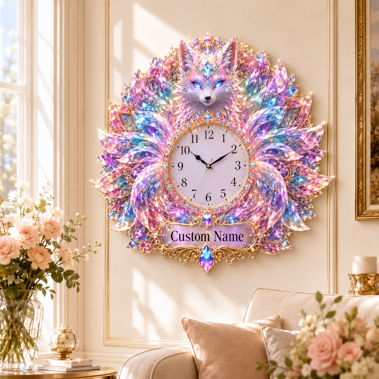 Personalized Crystal Fox Wall Clock with Custom Name — personalized with a custom name