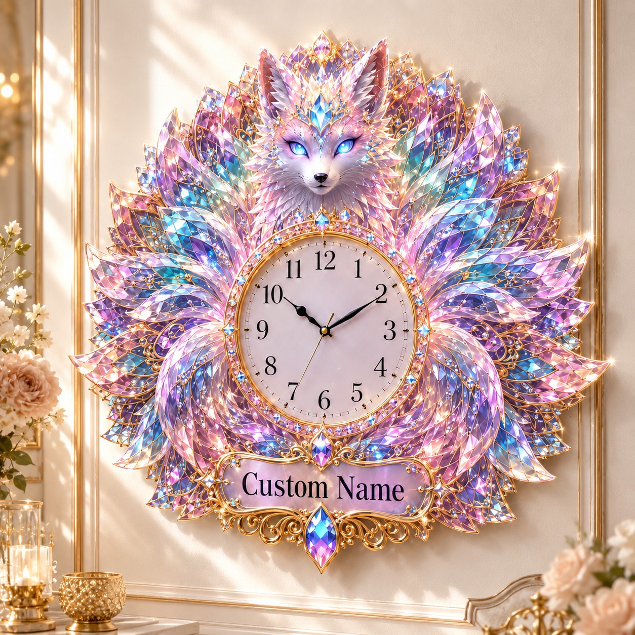 Personalized Crystal Fox Wall Clock with Custom Name — personalized with a custom name