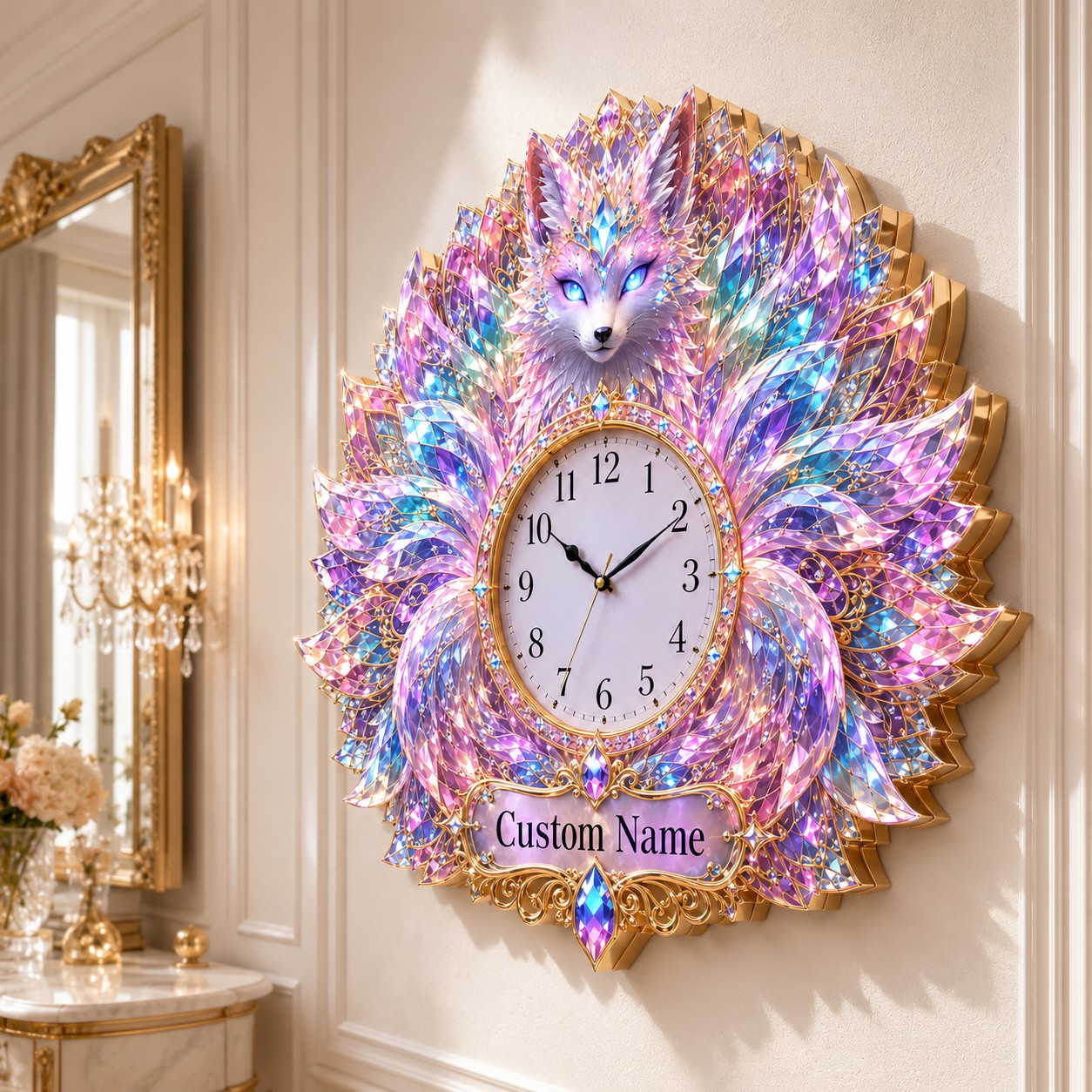 Personalized Crystal Fox Wall Clock with Custom Name — personalized with a custom name