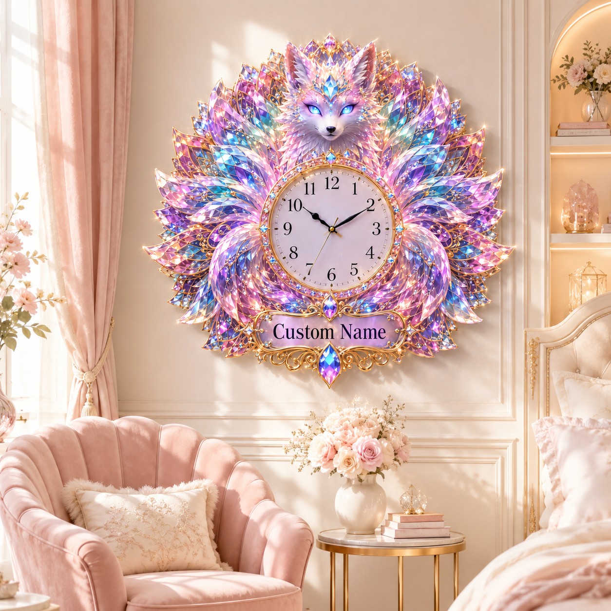 Personalized Crystal Fox Wall Clock with Custom Name — personalized with a custom name