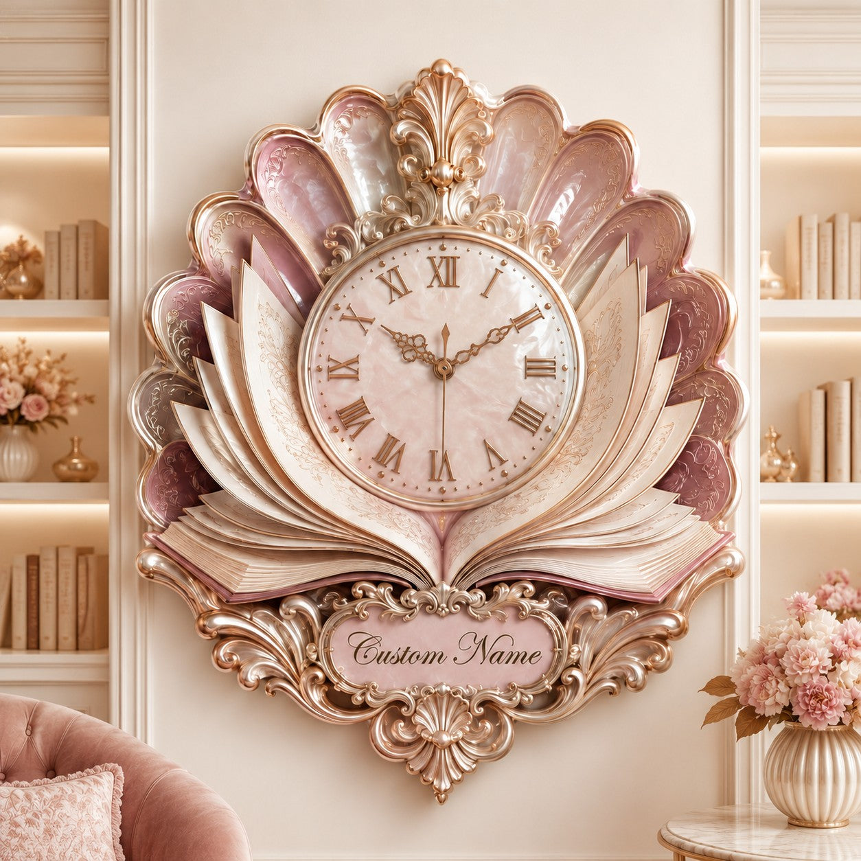 Personalized Pearl Book Bloom Wall Clock with Custom Name — personalized with a custom name