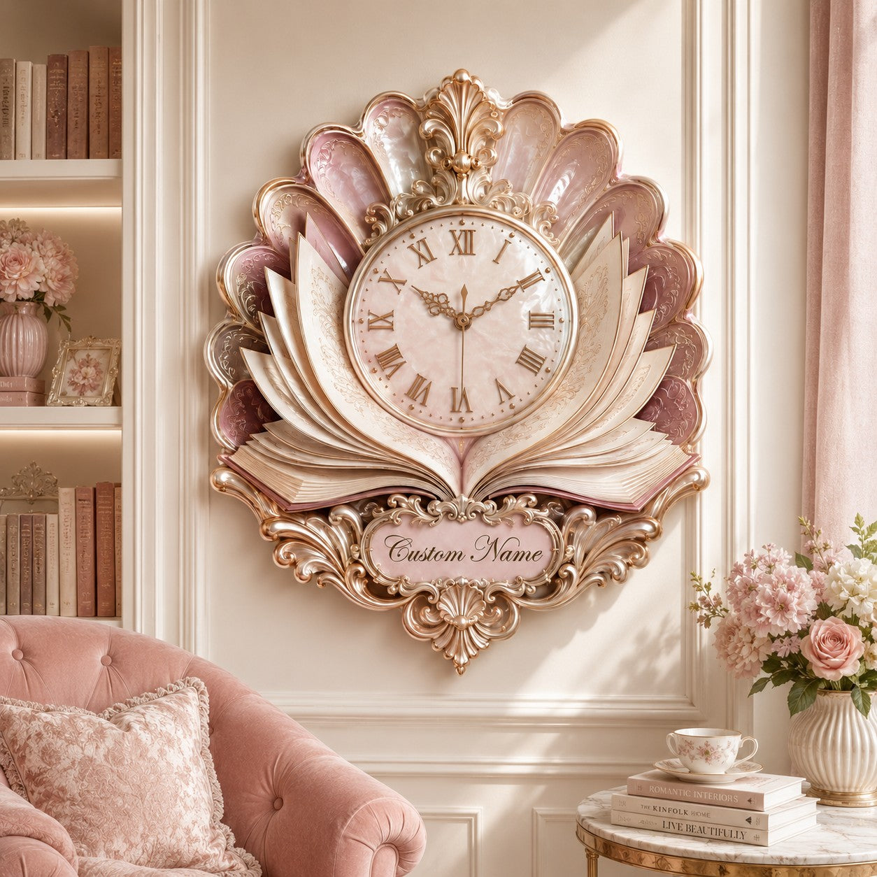 Personalized Pearl Book Bloom Wall Clock with Custom Name — personalized with a custom name