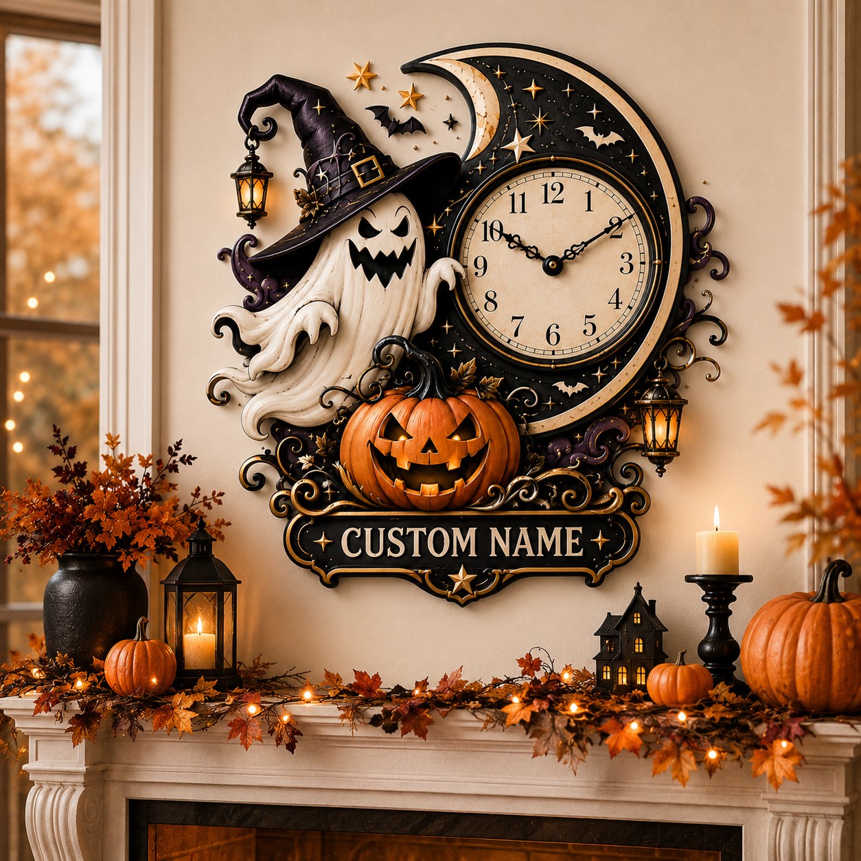 Personalized Moonlit Halloween Interiors Wall Clock with Custom Name — personalized with a custom name