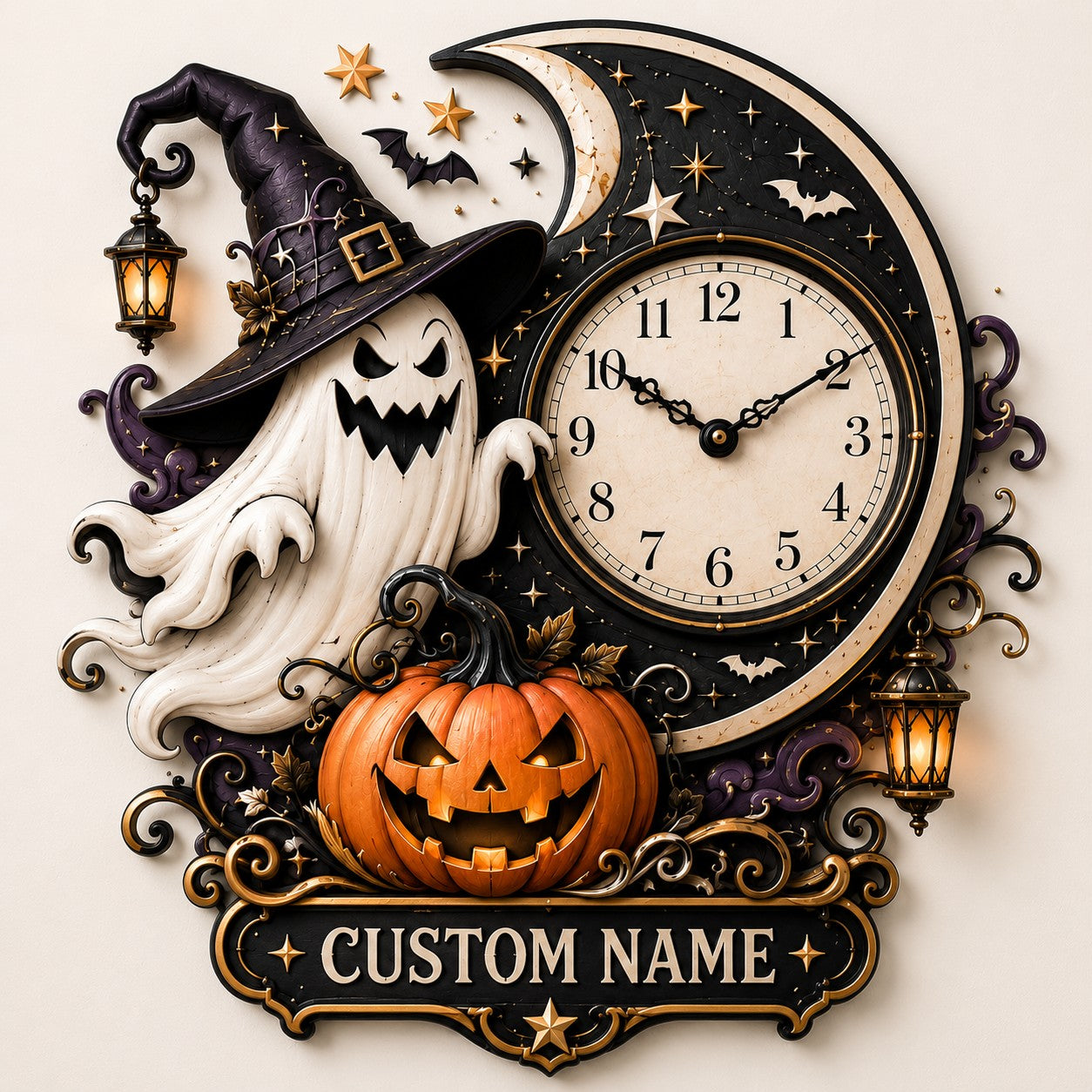 Personalized Moonlit Halloween Interiors Wall Clock with Custom Name — personalized with a custom name