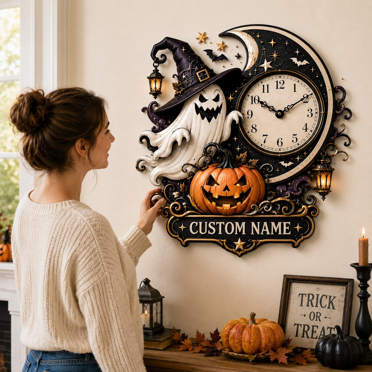 Personalized Moonlit Halloween Interiors Wall Clock with Custom Name — personalized with a custom name