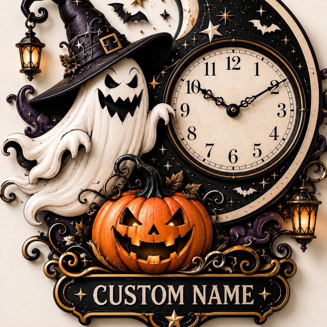 Personalized Moonlit Halloween Interiors Wall Clock with Custom Name — personalized with a custom name