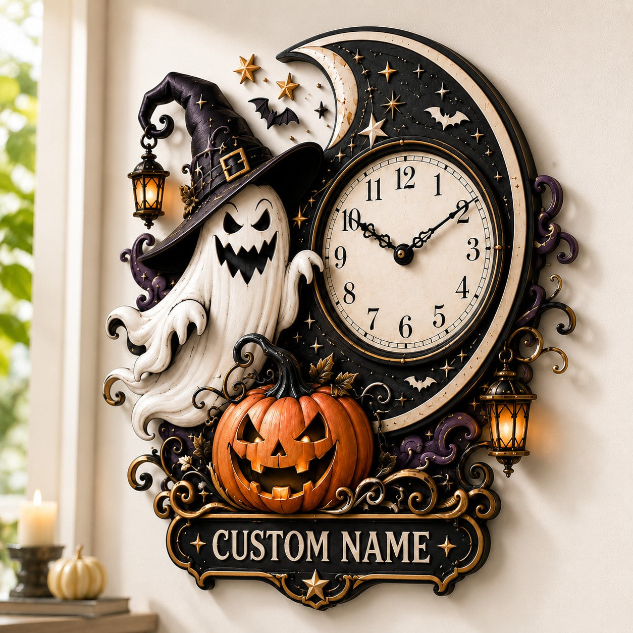 Personalized Moonlit Halloween Interiors Wall Clock with Custom Name — personalized with a custom name