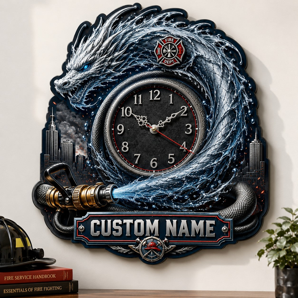 Personalized Water Dragon Firefighter Wall Clock with Custom Name — personalized with a custom name