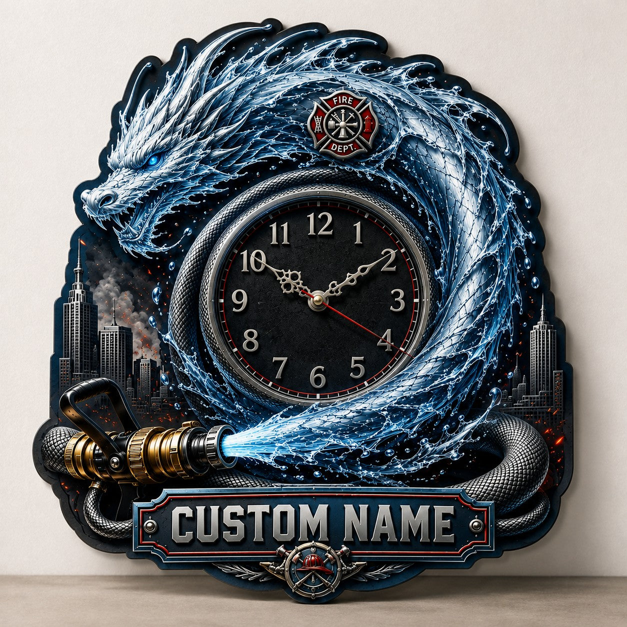 Personalized Water Dragon Firefighter Wall Clock with Custom Name — personalized with a custom name