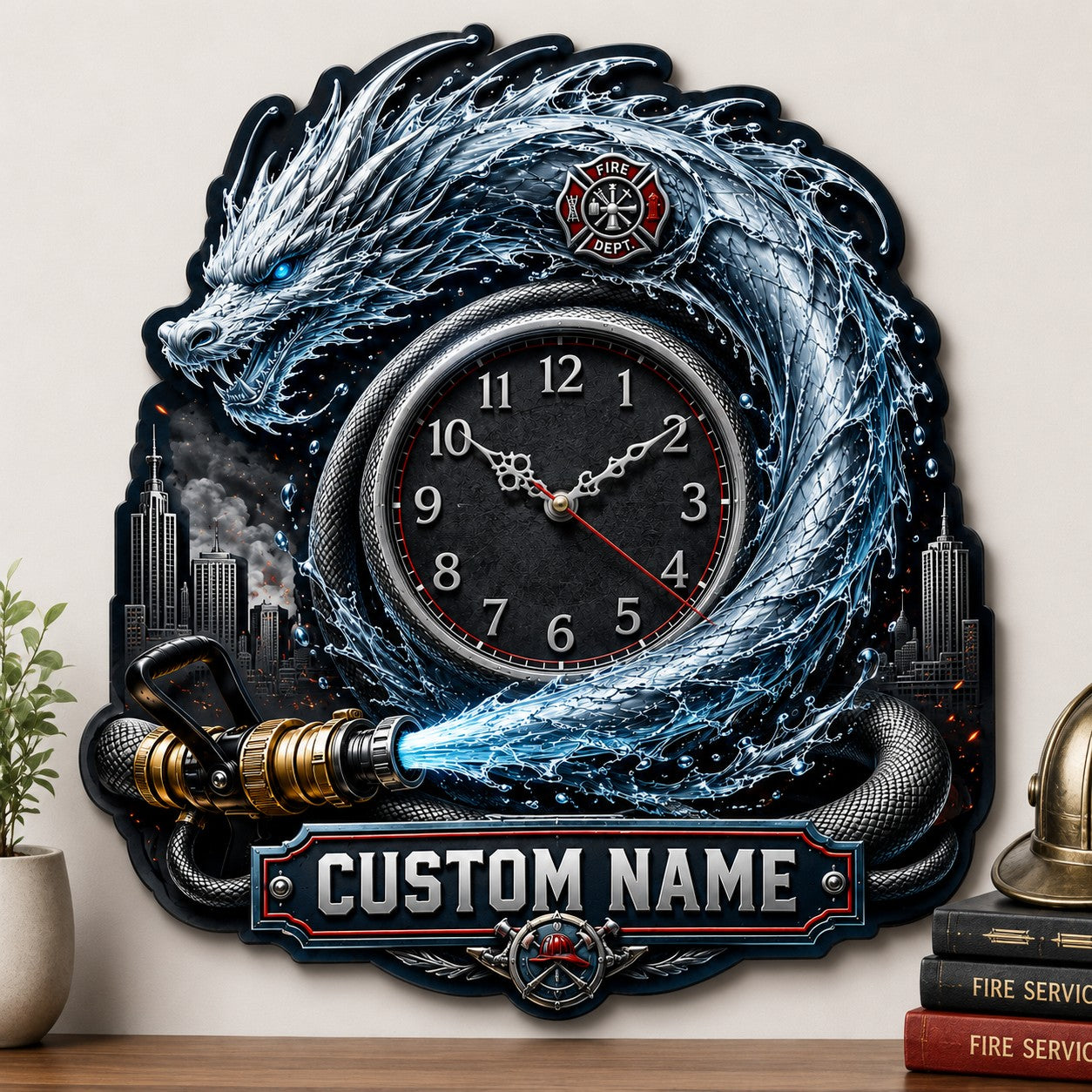 Personalized Water Dragon Firefighter Wall Clock with Custom Name — personalized with a custom name