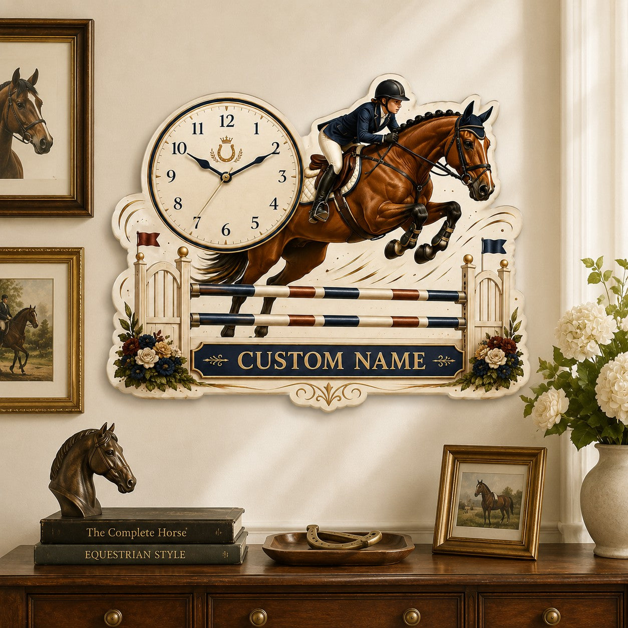 Personalized Horse Jumping Wall Clock with Custom Name — personalized with a custom name