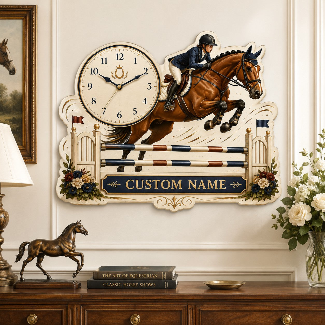 Personalized Horse Jumping Wall Clock with Custom Name — personalized with a custom name