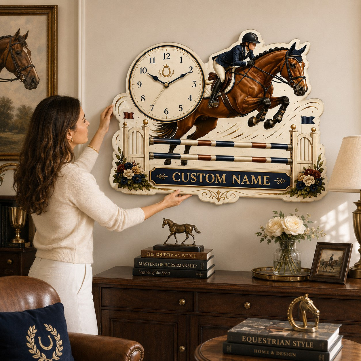 Personalized Horse Jumping Wall Clock with Custom Name — personalized with a custom name