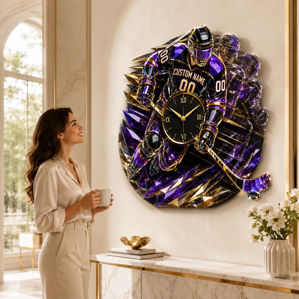 Personalized Purple Gold Hockey Wall Clock with Custom Name — personalized with a custom name
