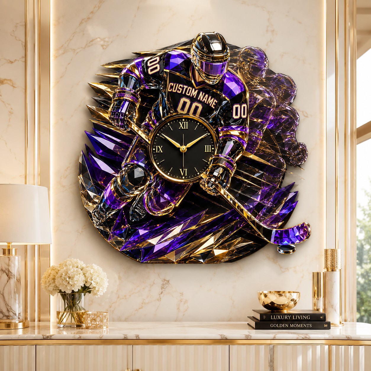 Personalized Purple Gold Hockey Wall Clock with Custom Name — personalized with a custom name