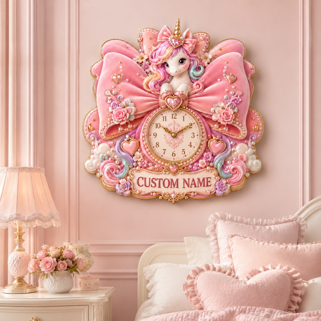 Personalized Pink Bow Unicorn Wall Clock with Custom Name — personalized with a custom name