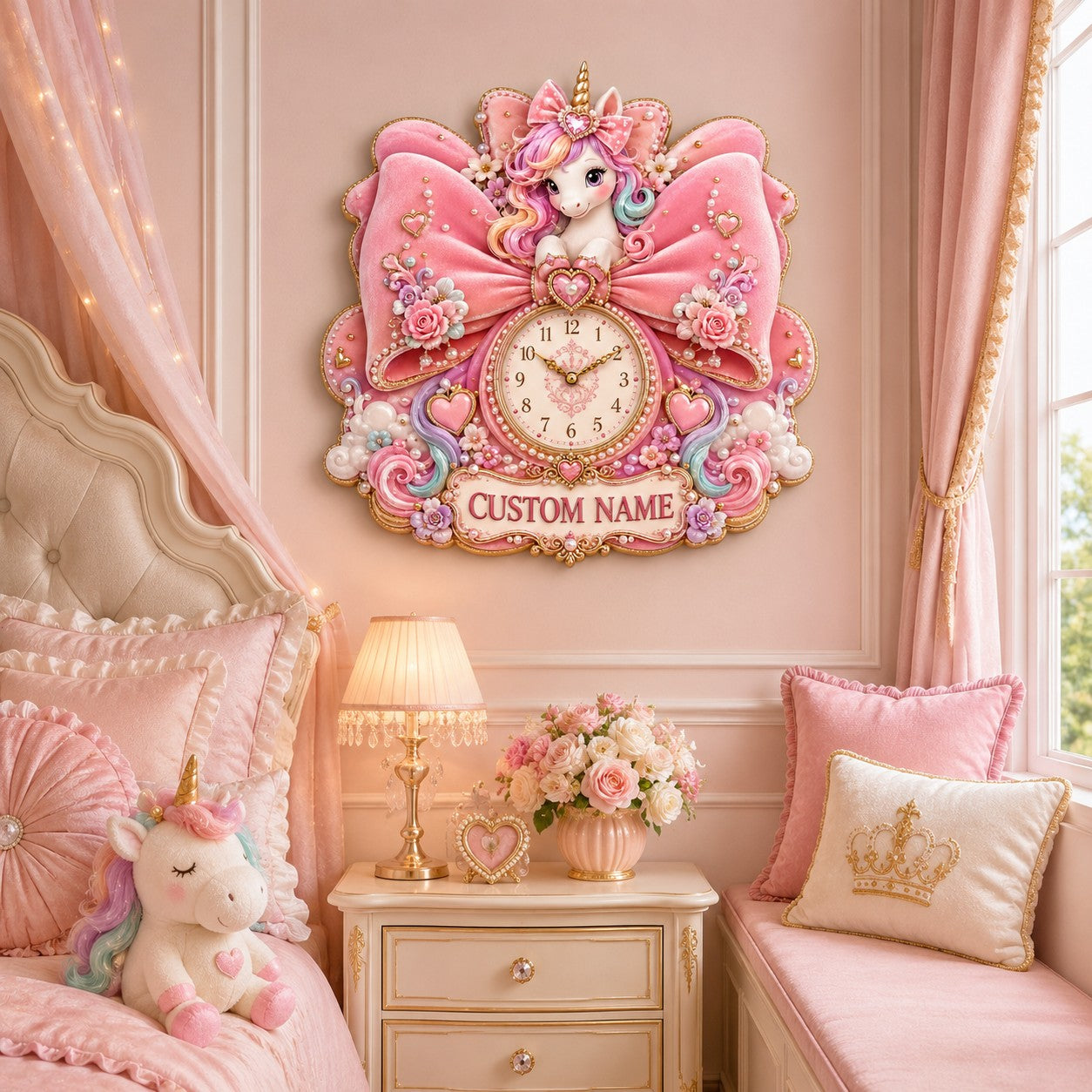 Personalized Pink Bow Unicorn Wall Clock with Custom Name — personalized with a custom name