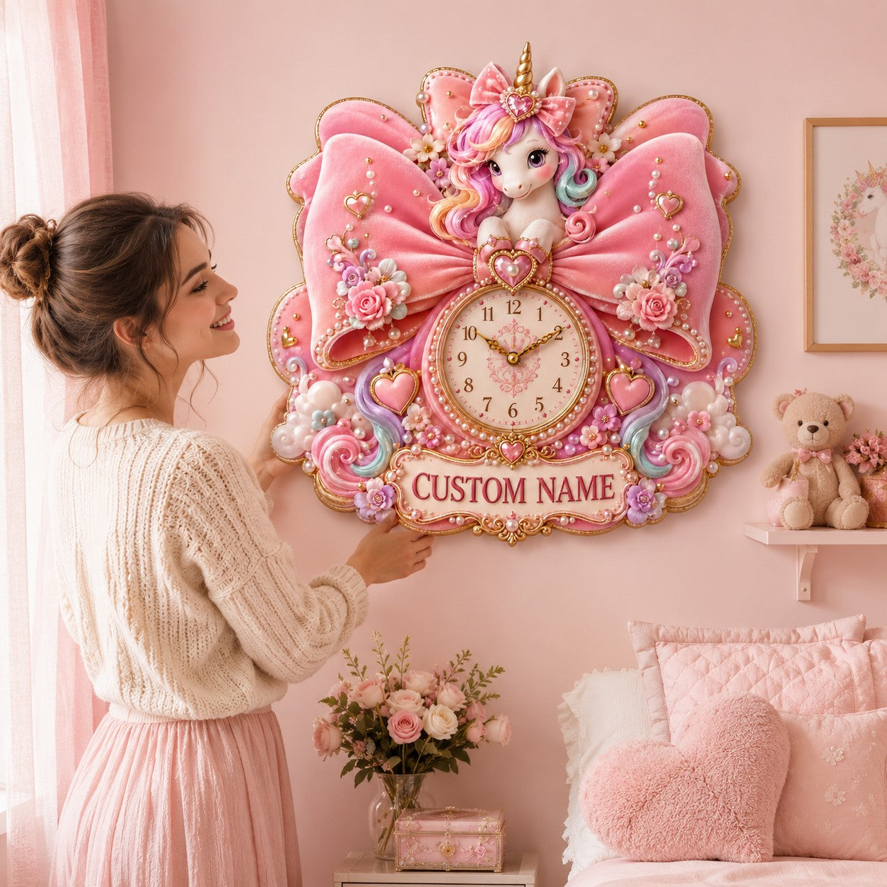 Personalized Pink Bow Unicorn Wall Clock with Custom Name — personalized with a custom name