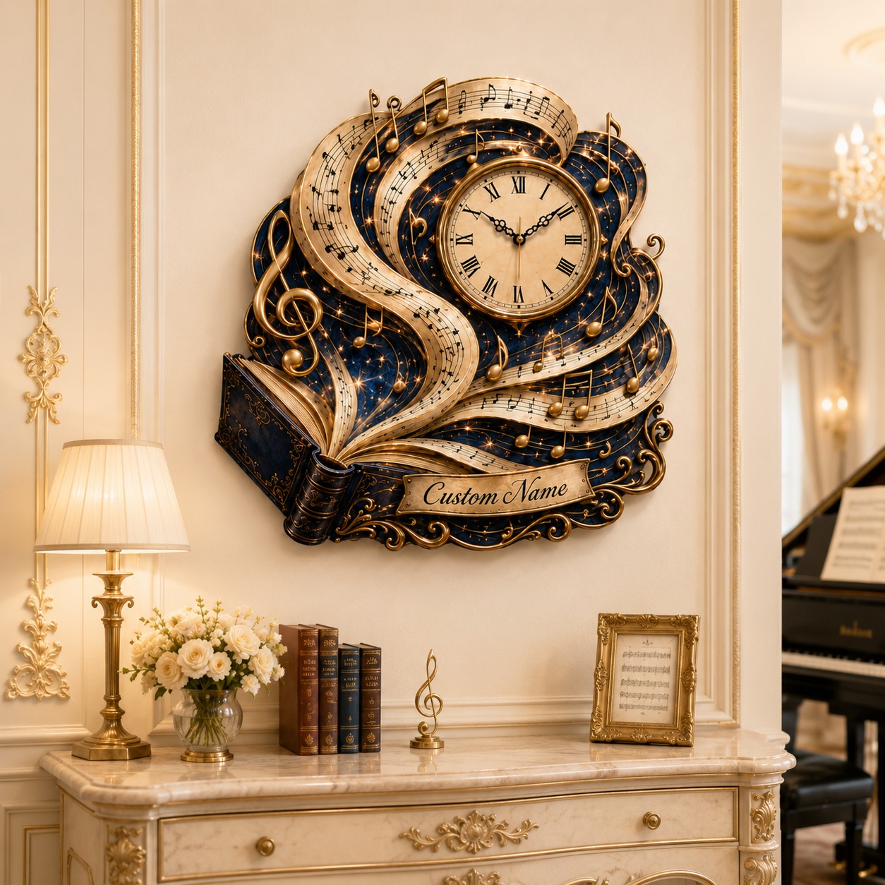 Personalized Sheet Music Book Wall Clock with Custom Name — personalized with a custom name