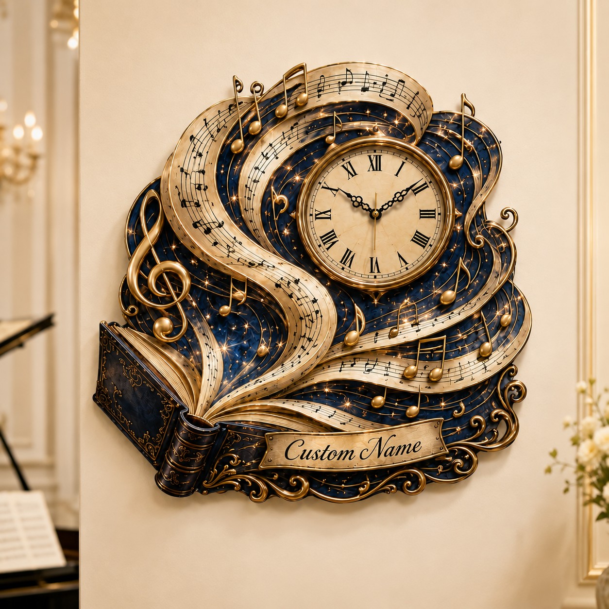 Personalized Sheet Music Book Wall Clock with Custom Name — personalized with a custom name