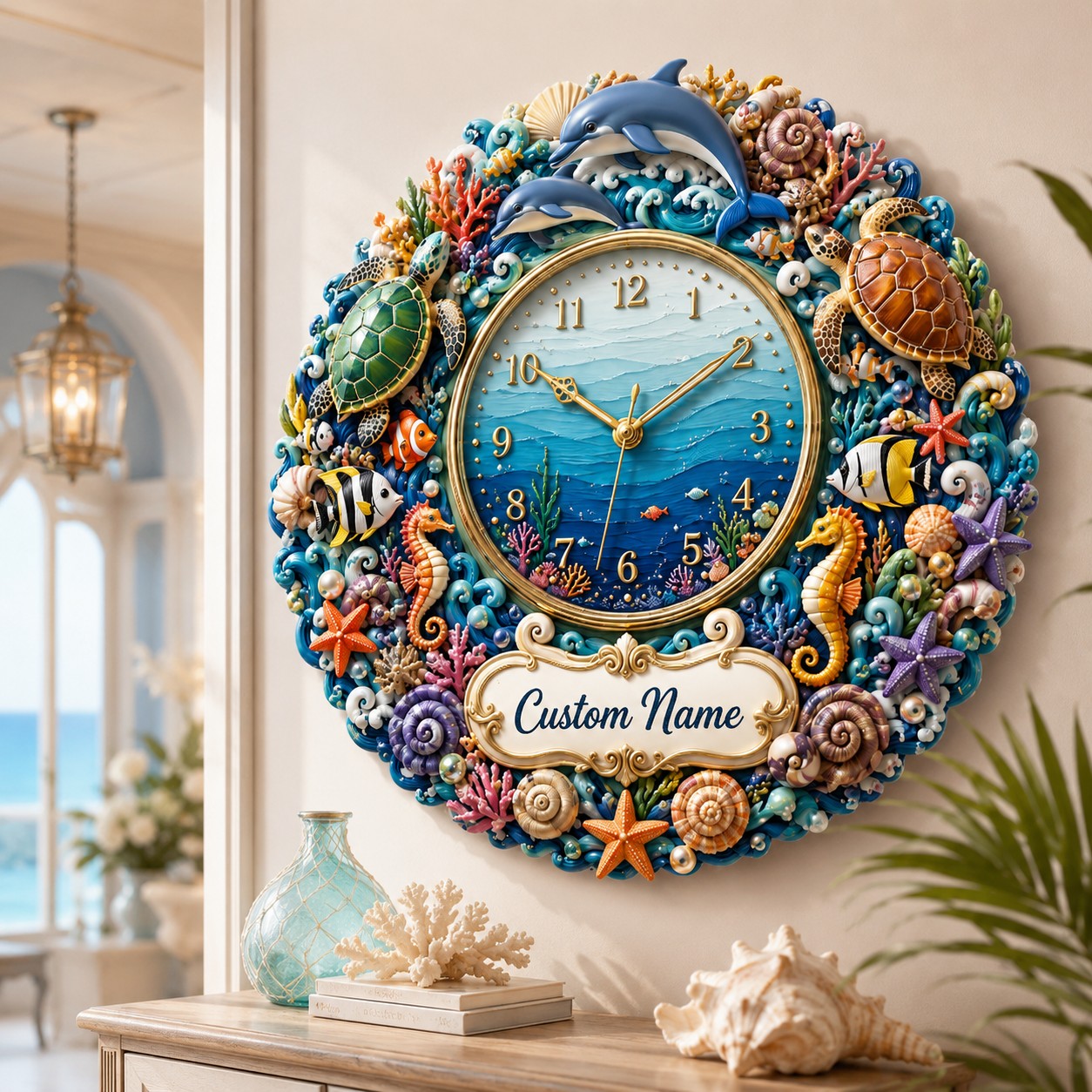 Personalized Ocean Wall Clock with Custom Name — personalized with a custom name