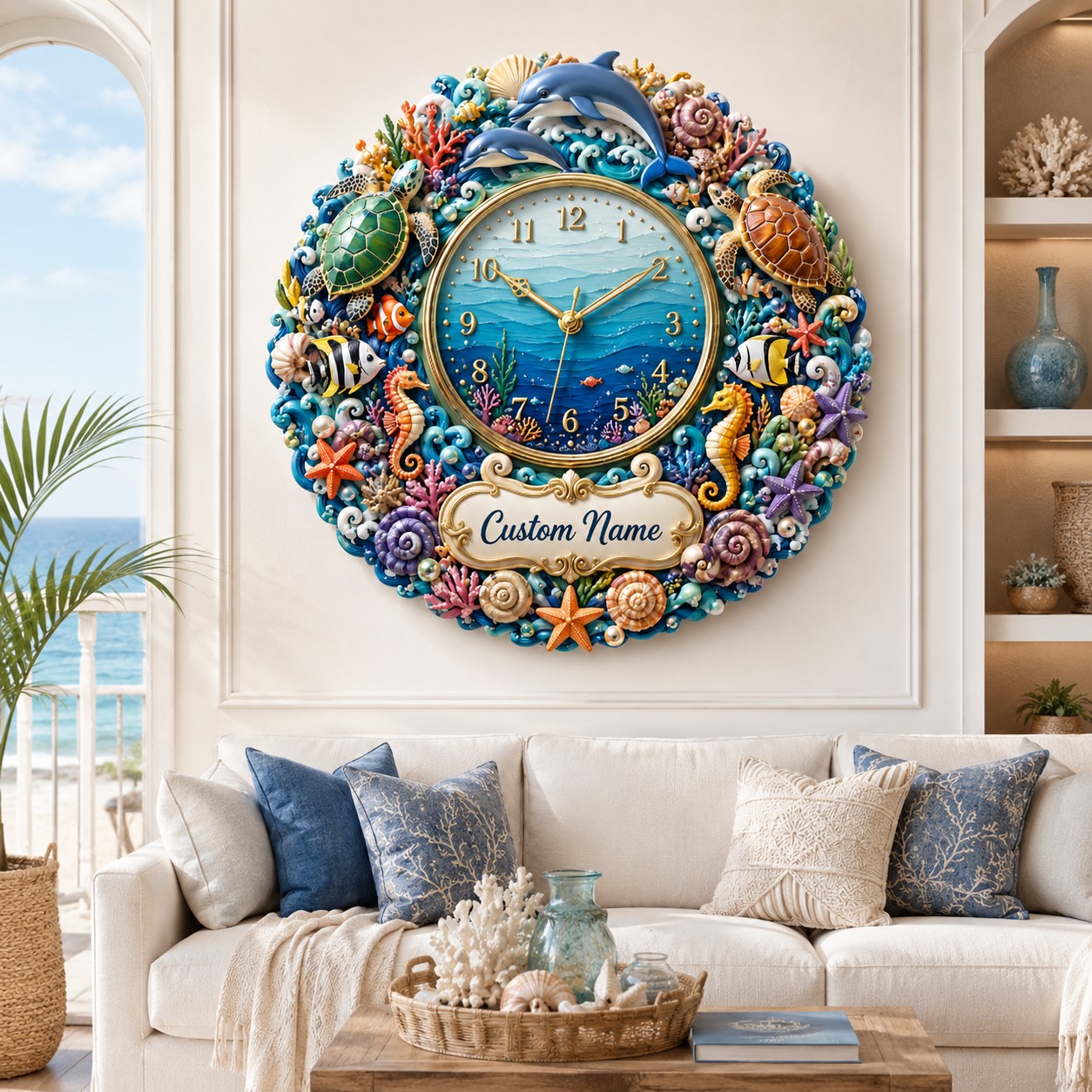 Personalized Ocean Wall Clock with Custom Name — personalized with a custom name