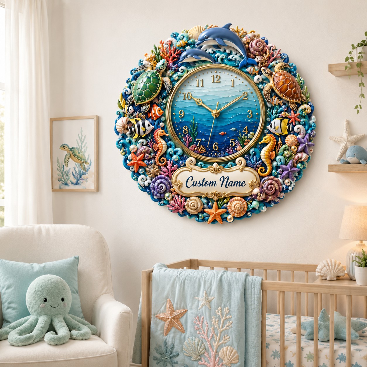 Personalized Ocean Wall Clock with Custom Name — personalized with a custom name