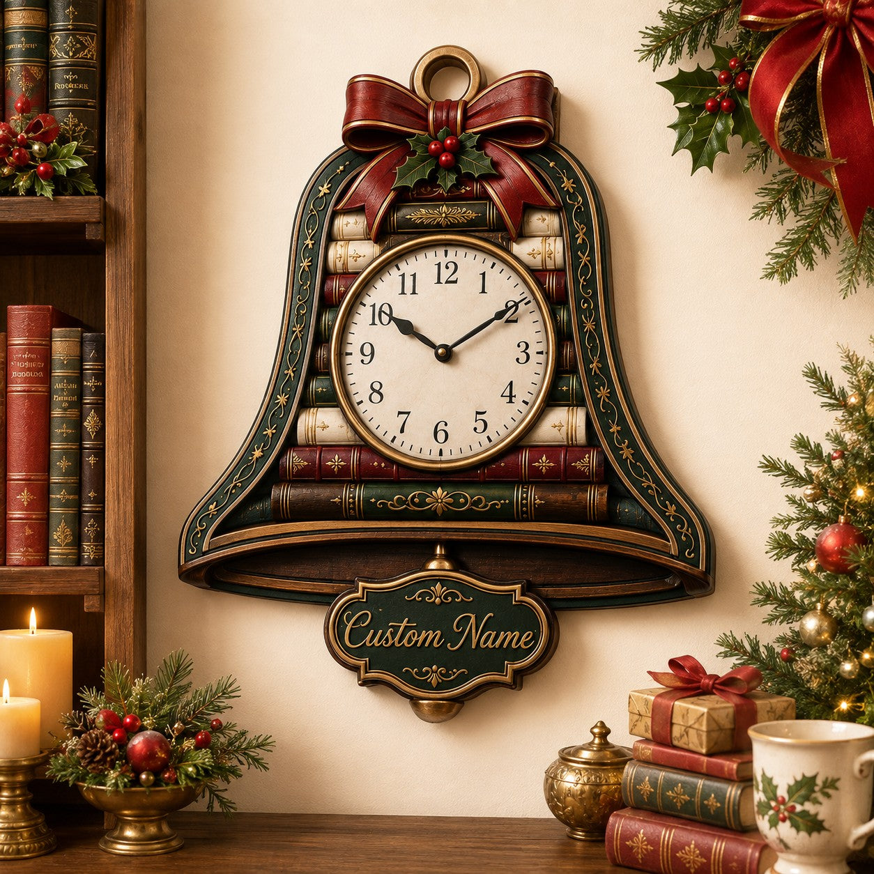Personalized Christmas Bell Book Lover Wall Clock with Custom Name — personalized with a custom name