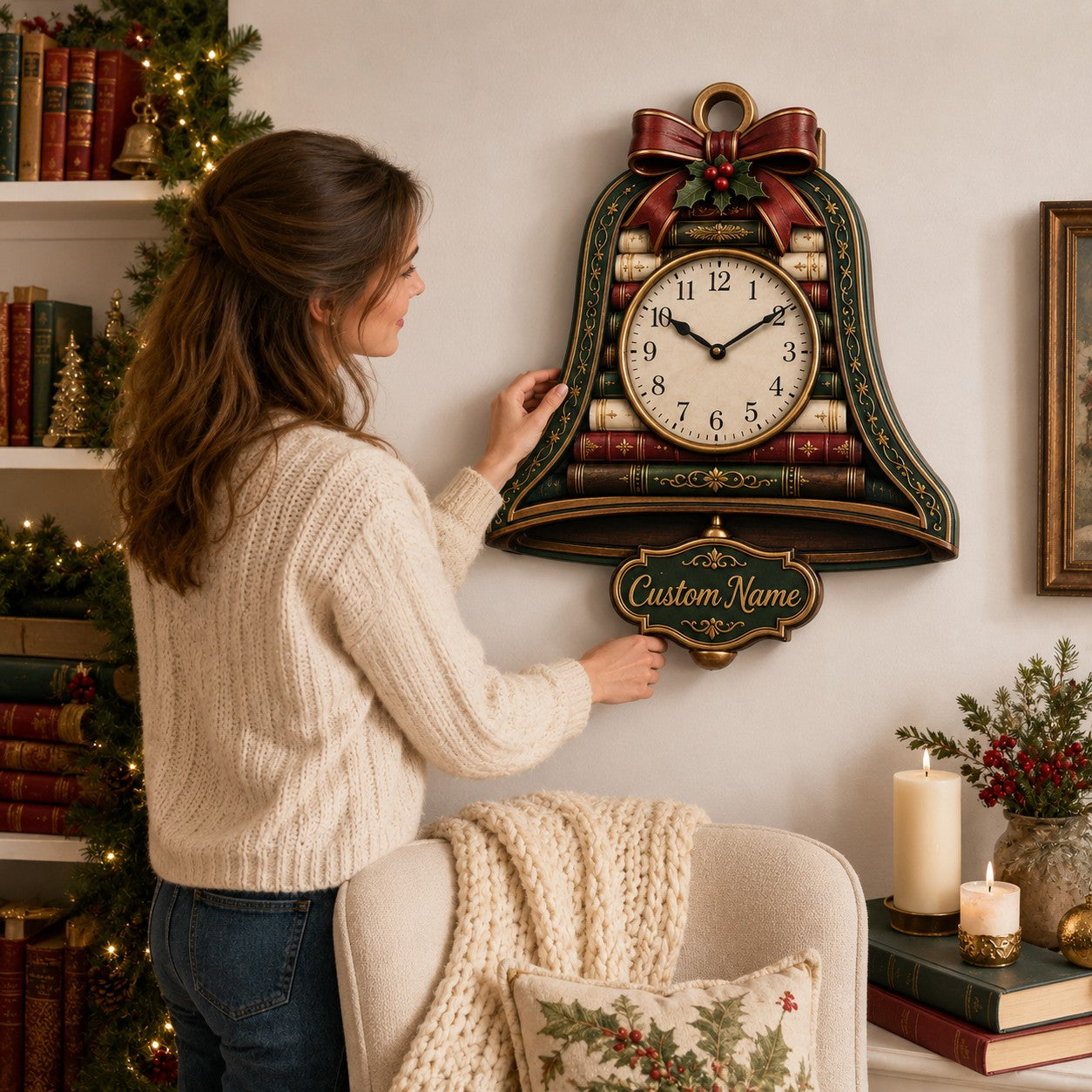 Personalized Christmas Bell Book Lover Wall Clock with Custom Name — personalized with a custom name