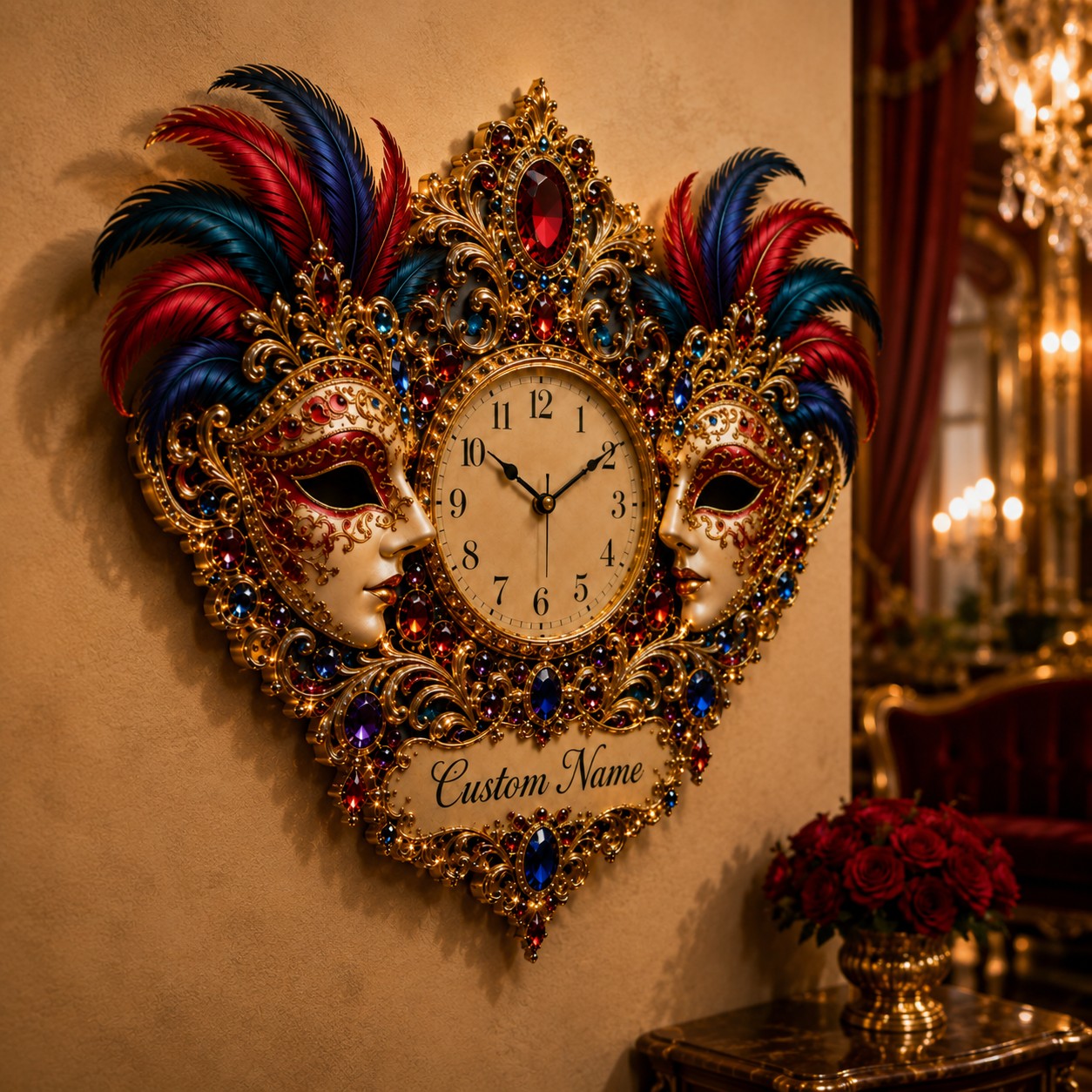 Personalized Venetian Masquerade Wall Clock with Custom Name — personalized with a custom name