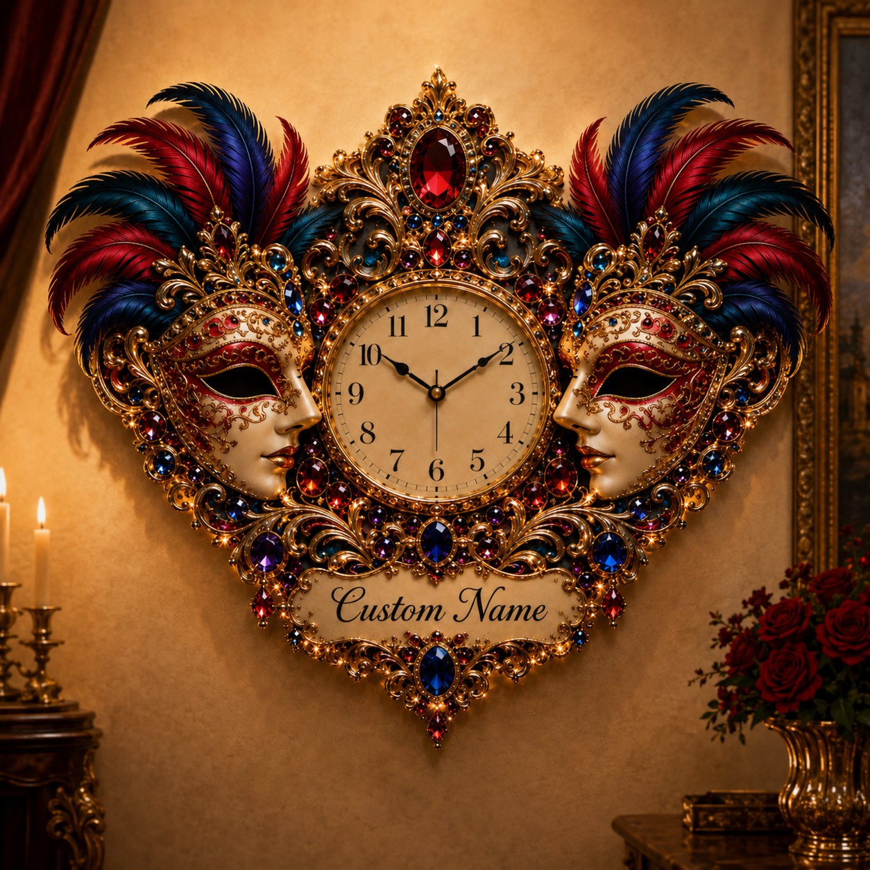 Personalized Venetian Masquerade Wall Clock with Custom Name — personalized with a custom name