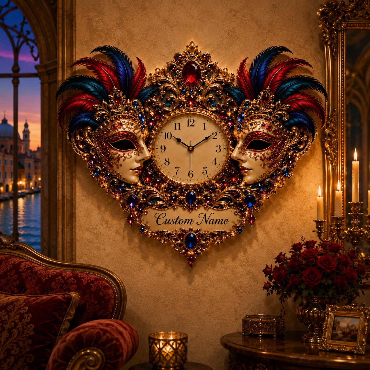Personalized Venetian Masquerade Wall Clock with Custom Name — personalized with a custom name