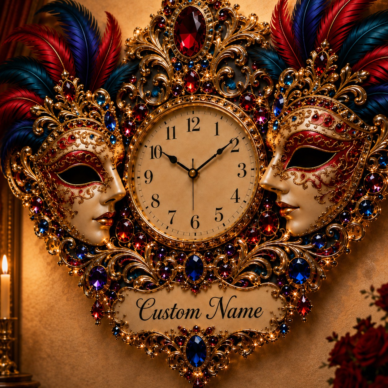 Personalized Venetian Masquerade Wall Clock with Custom Name — personalized with a custom name