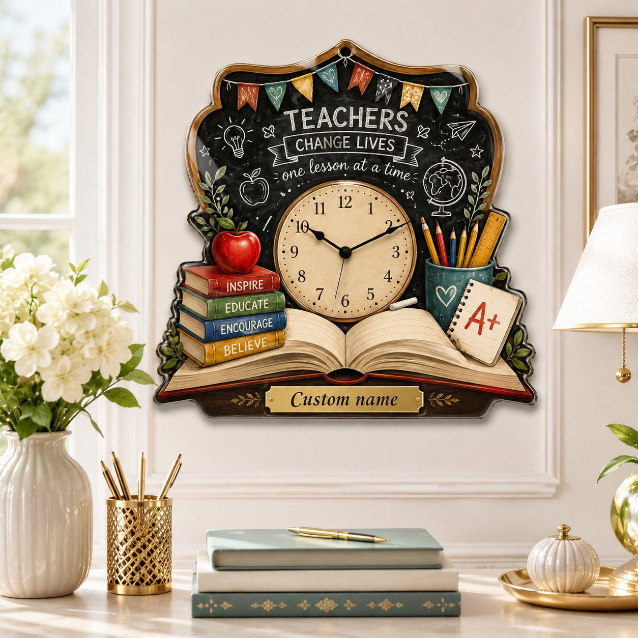 Personalized Teacher Book Wall Clock, Custom Name Gift for Teachers — personalized with a custom name