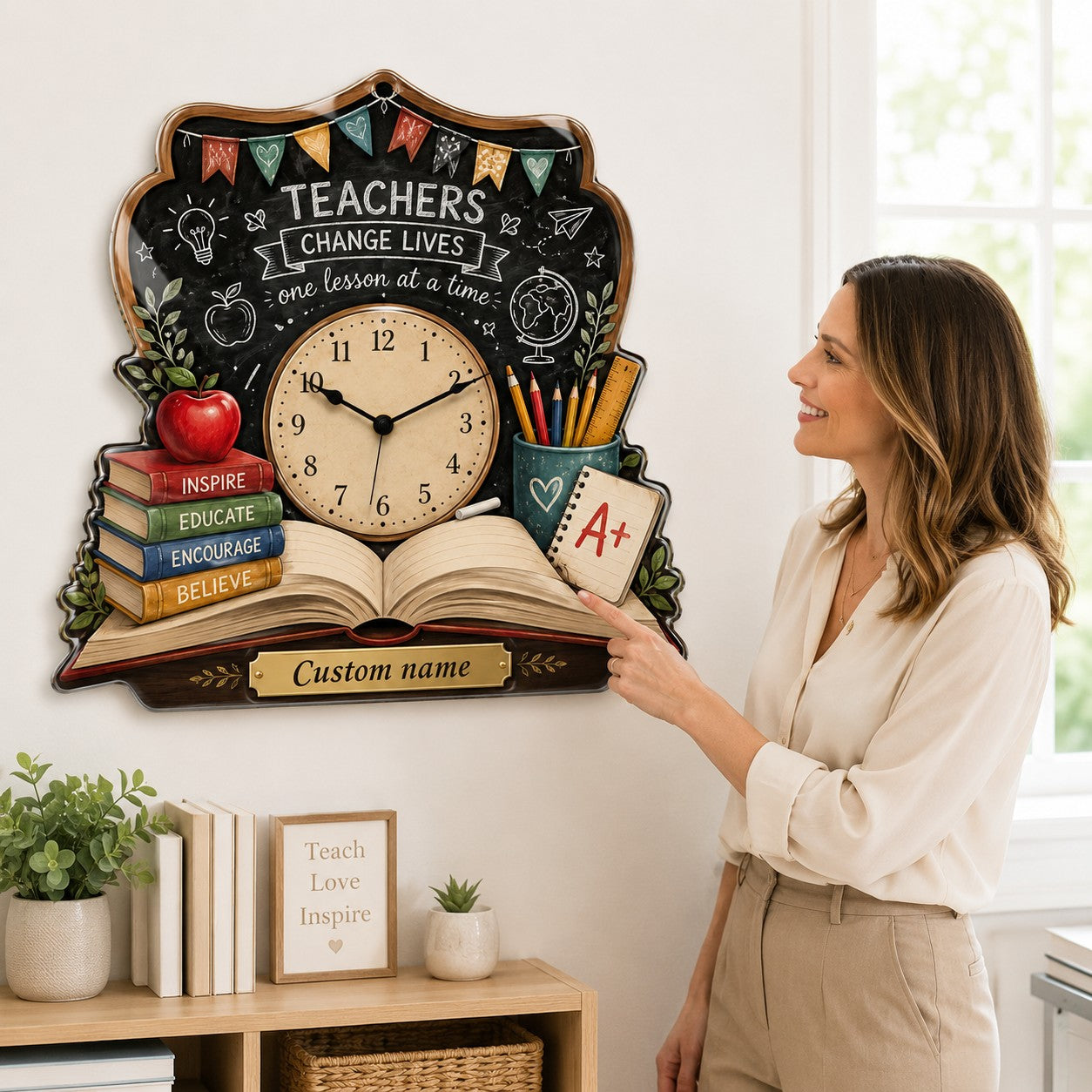 Personalized Teacher Book Wall Clock, Custom Name Gift for Teachers — personalized with a custom name