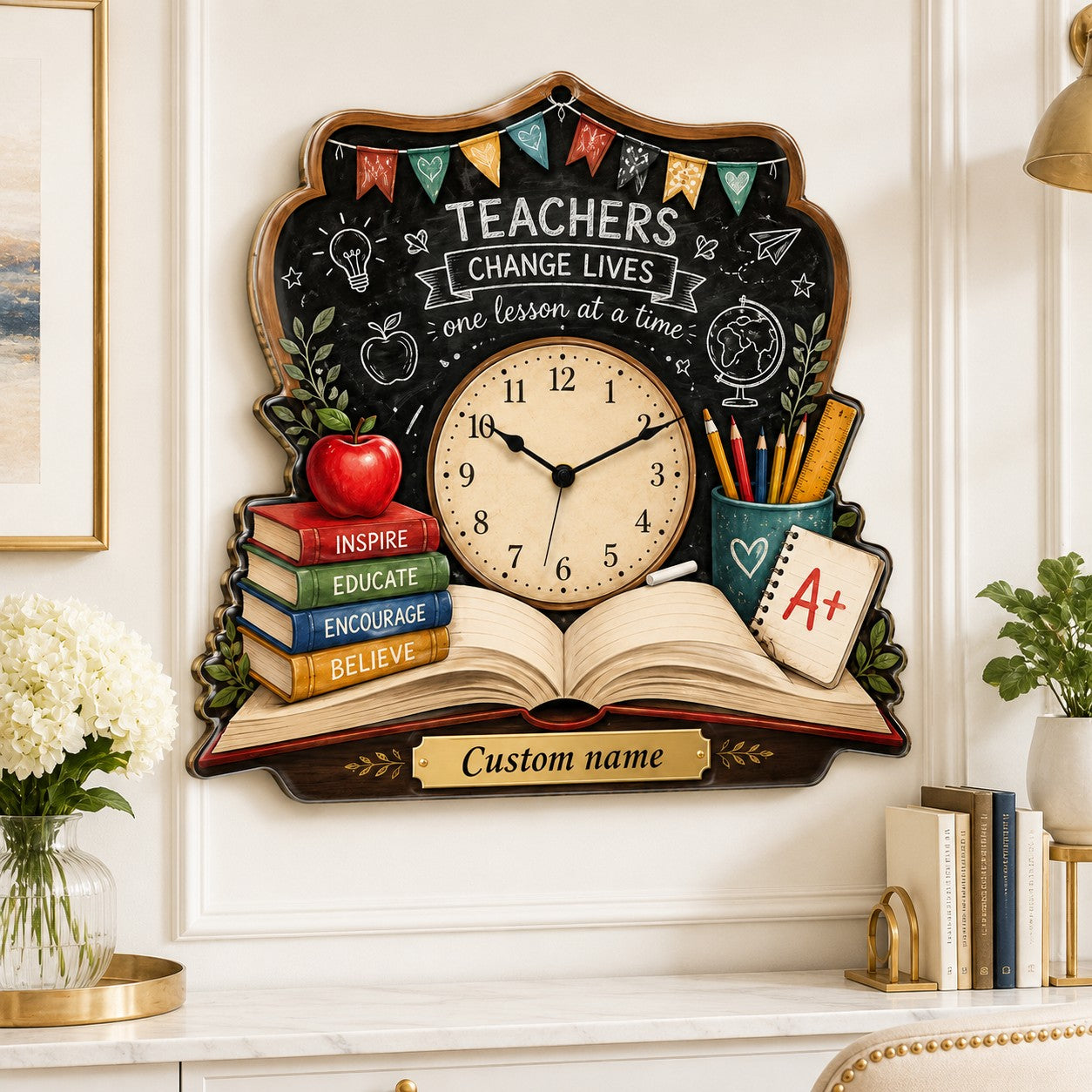 Personalized Teacher Book Wall Clock, Custom Name Gift for Teachers — personalized with a custom name