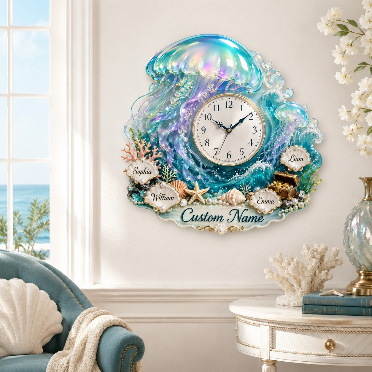 Personalized Family Name Ocean Wall Clock with Custom Name — personalized with a custom name