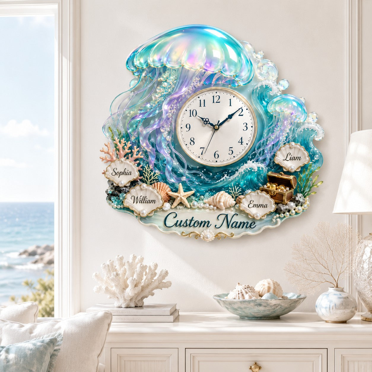 Personalized Family Name Ocean Wall Clock with Custom Name — personalized with a custom name