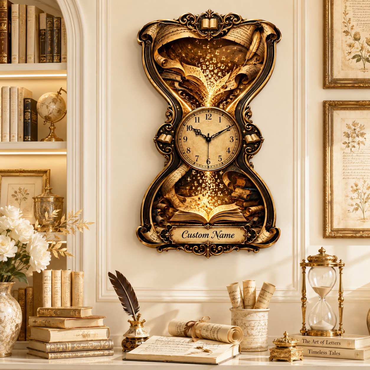 Personalized Book Lover Hourglass Wall Clock with Custom Name — personalized with a custom name