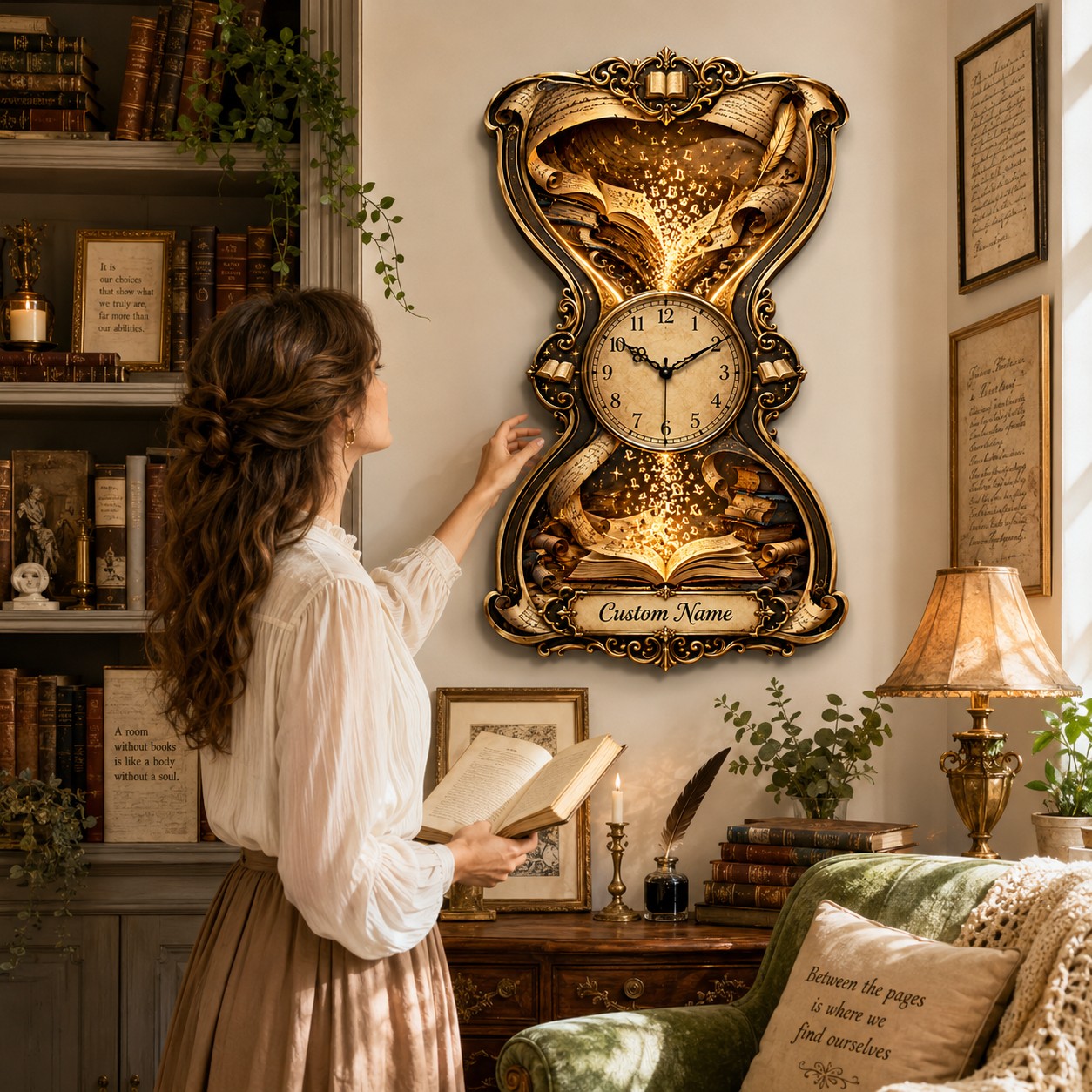 Personalized Book Lover Hourglass Wall Clock with Custom Name — personalized with a custom name