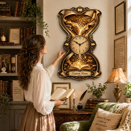 Personalized Book Lover Hourglass Wall Clock with Custom Name — personalized with a custom name