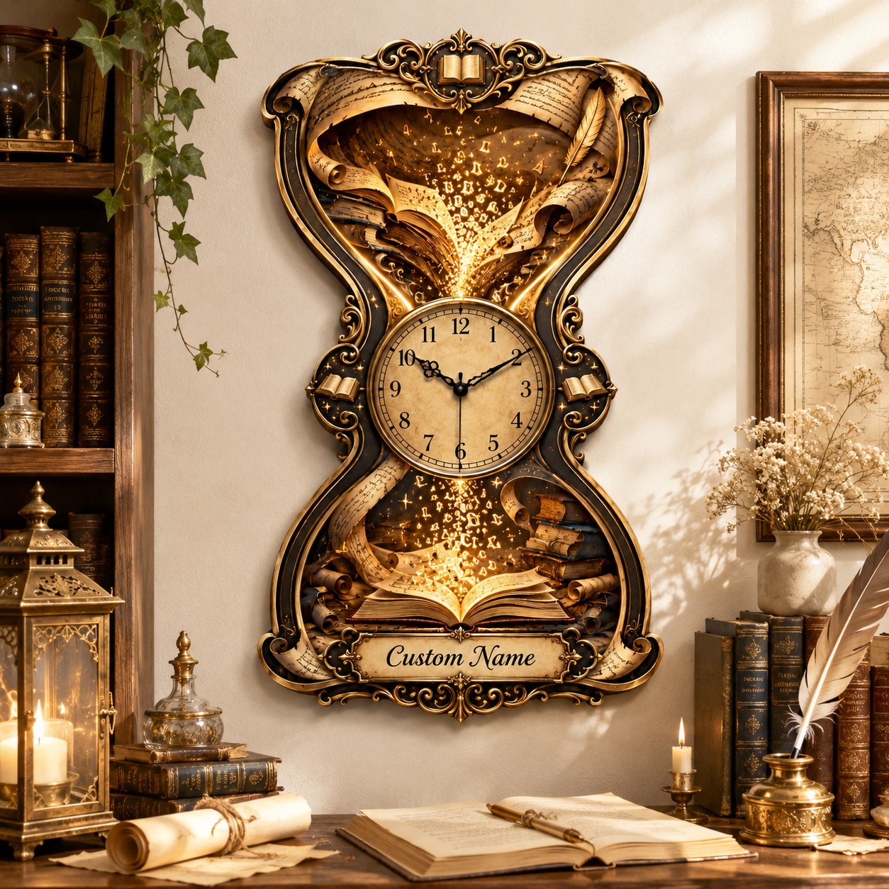 Personalized Book Lover Hourglass Wall Clock with Custom Name — personalized with a custom name