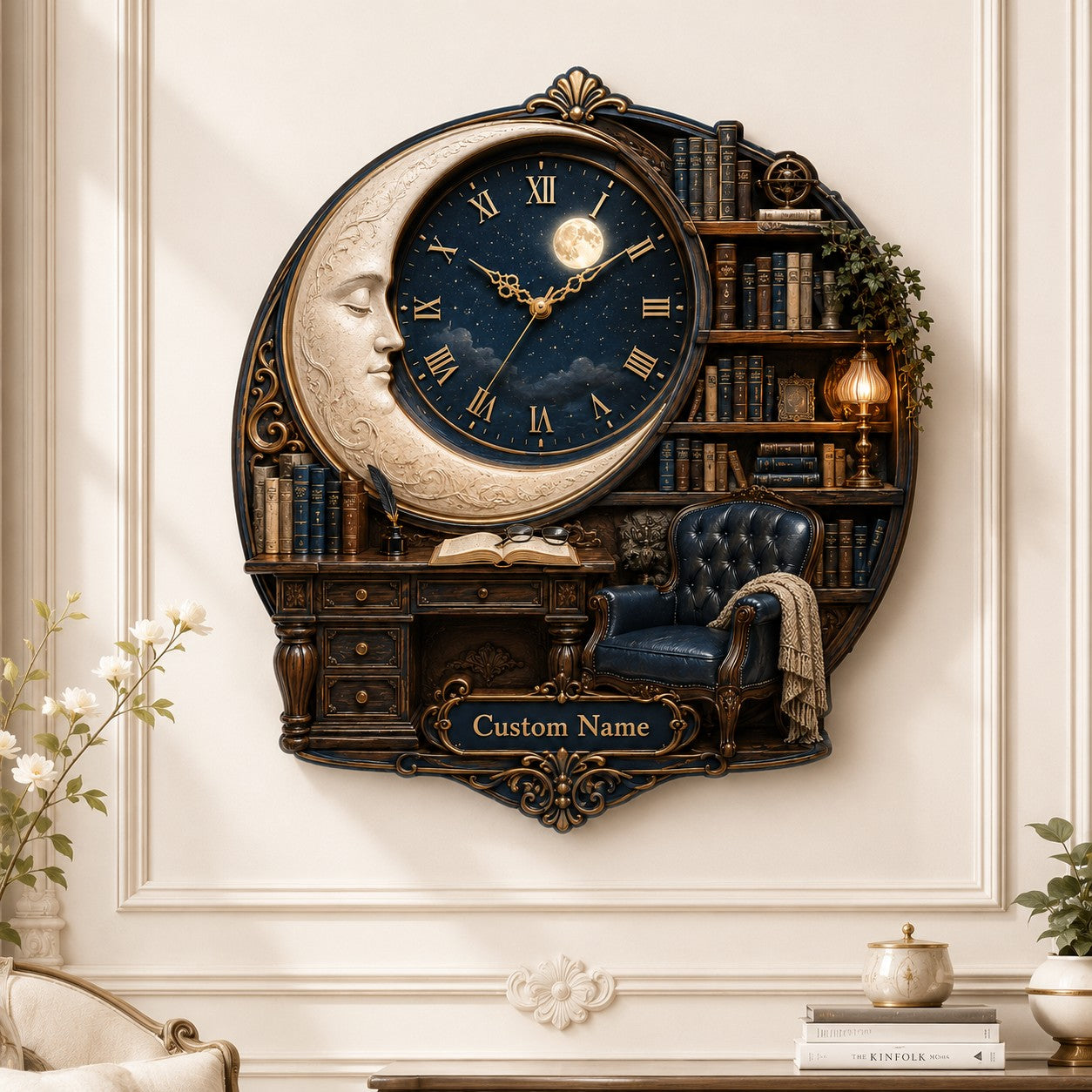 Personalized Moon Library Wall Clock with Custom Name — personalized with a custom name