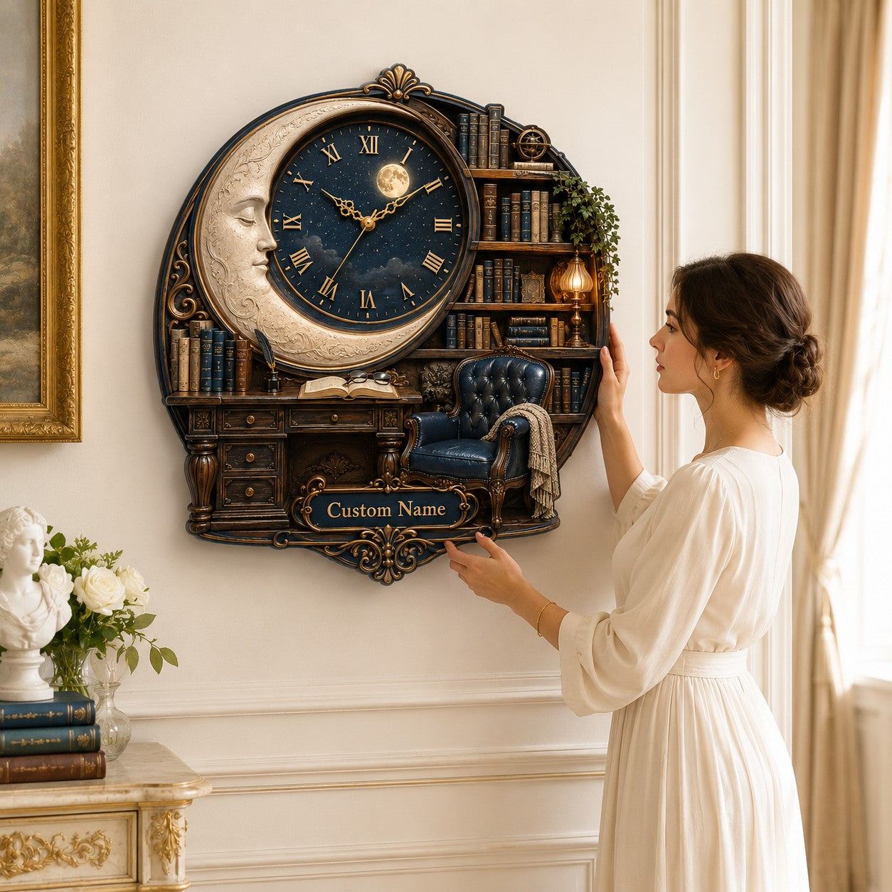 Personalized Moon Library Wall Clock with Custom Name — personalized with a custom name