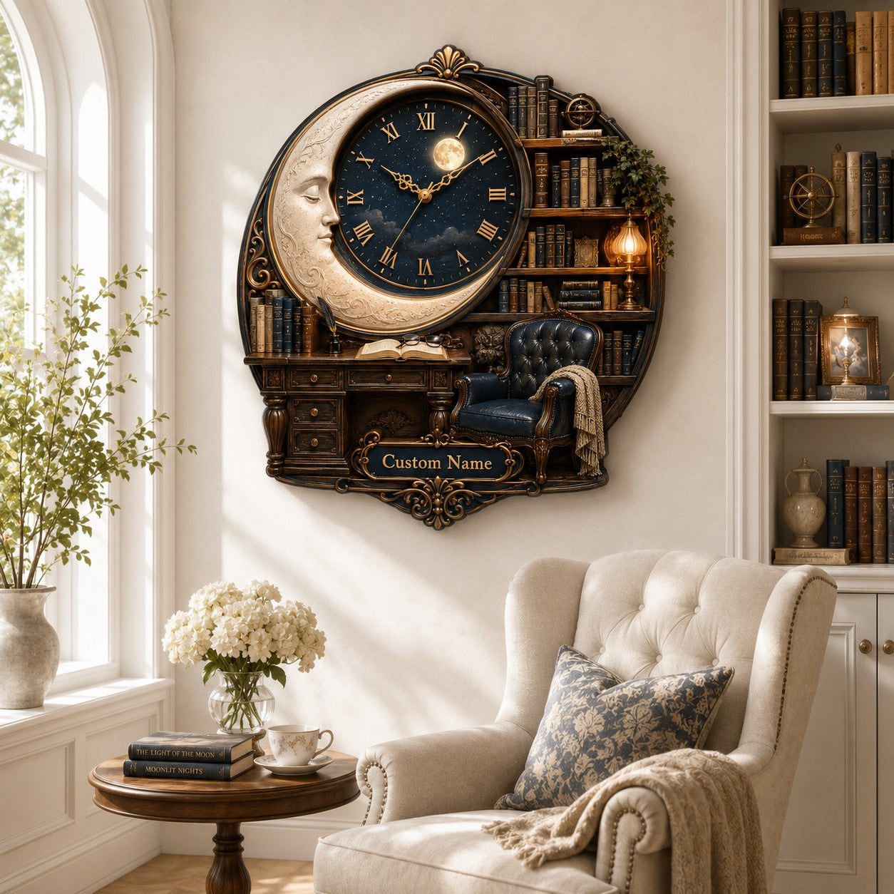 Personalized Moon Library Wall Clock with Custom Name — personalized with a custom name