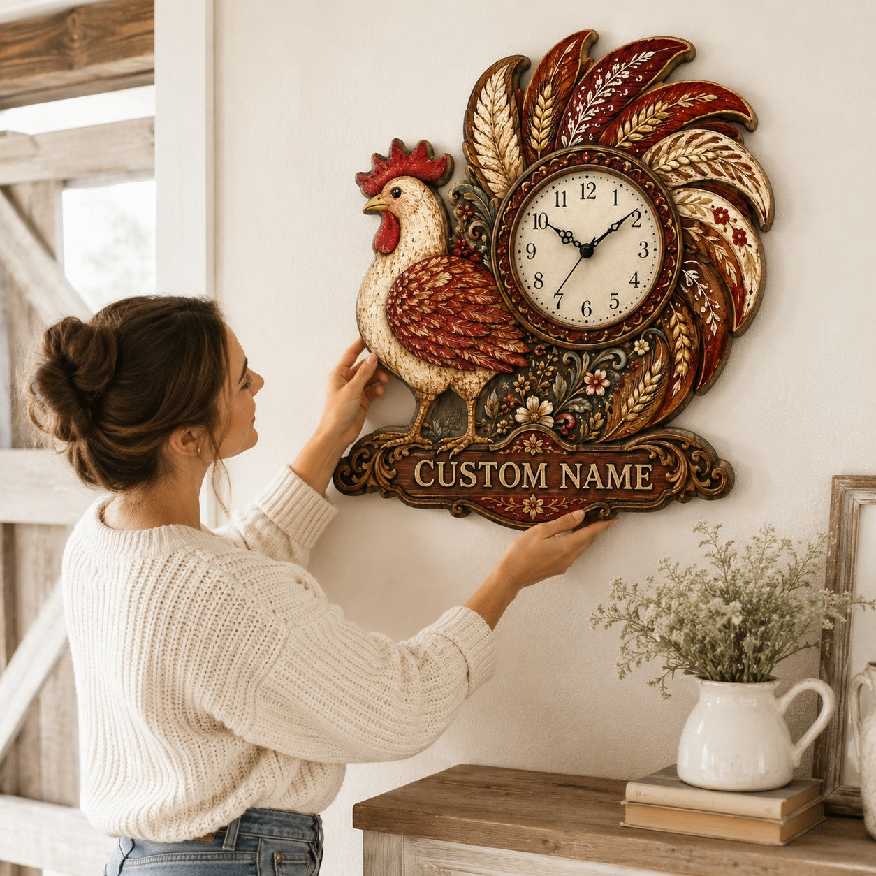 Personalized Rustic Farmhouse Wall Clock with Custom Name — personalized with a custom name