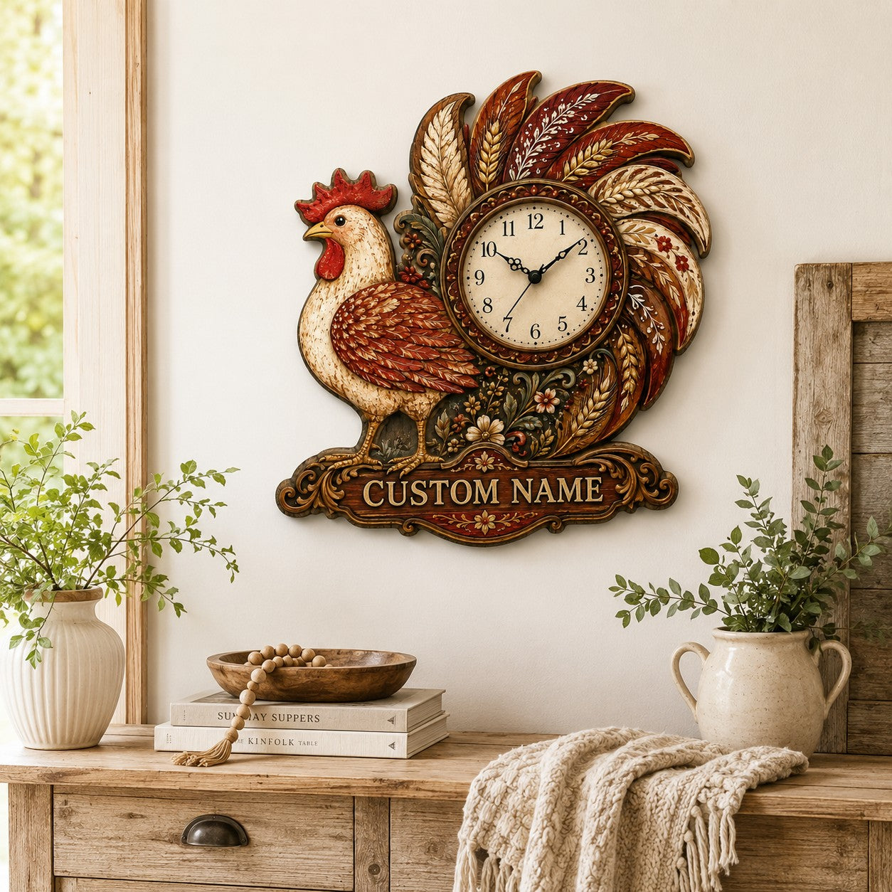 Personalized Rustic Farmhouse Wall Clock with Custom Name — personalized with a custom name