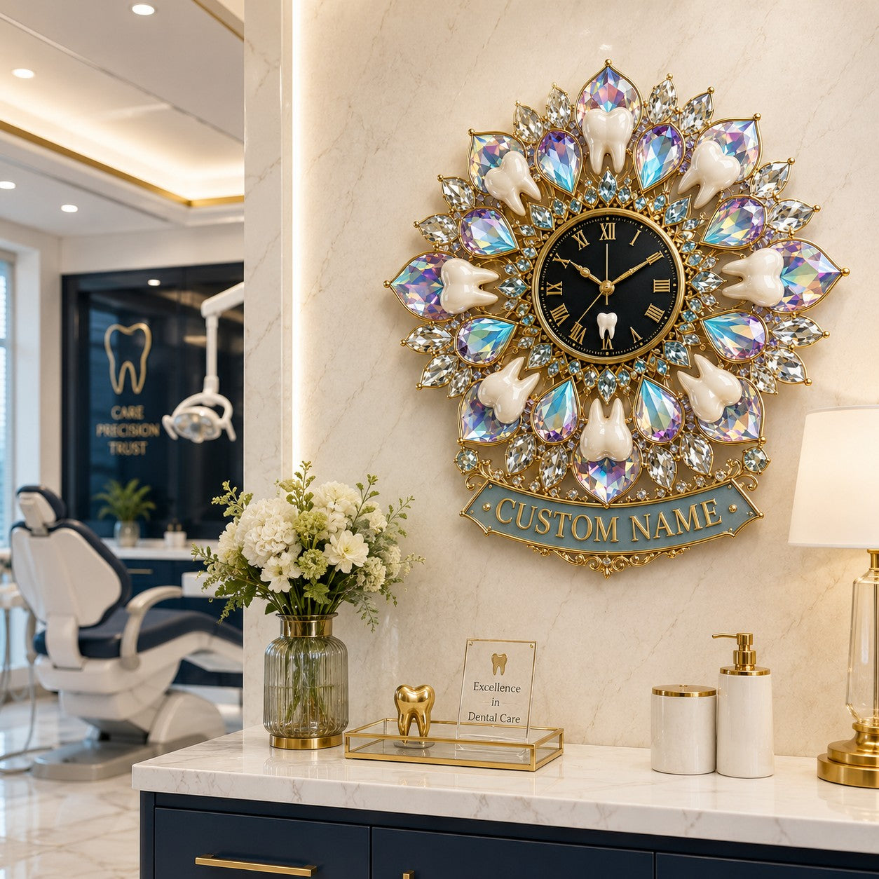 Personalized Dentist Office Wall Clock, Custom Name Gift for Dentists — personalized with a custom name