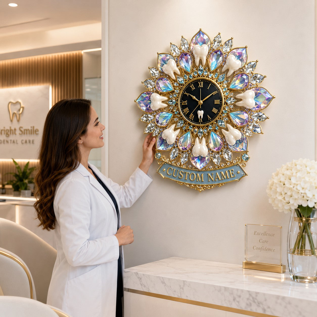 Personalized Dentist Office Wall Clock, Custom Name Gift for Dentists — personalized with a custom name