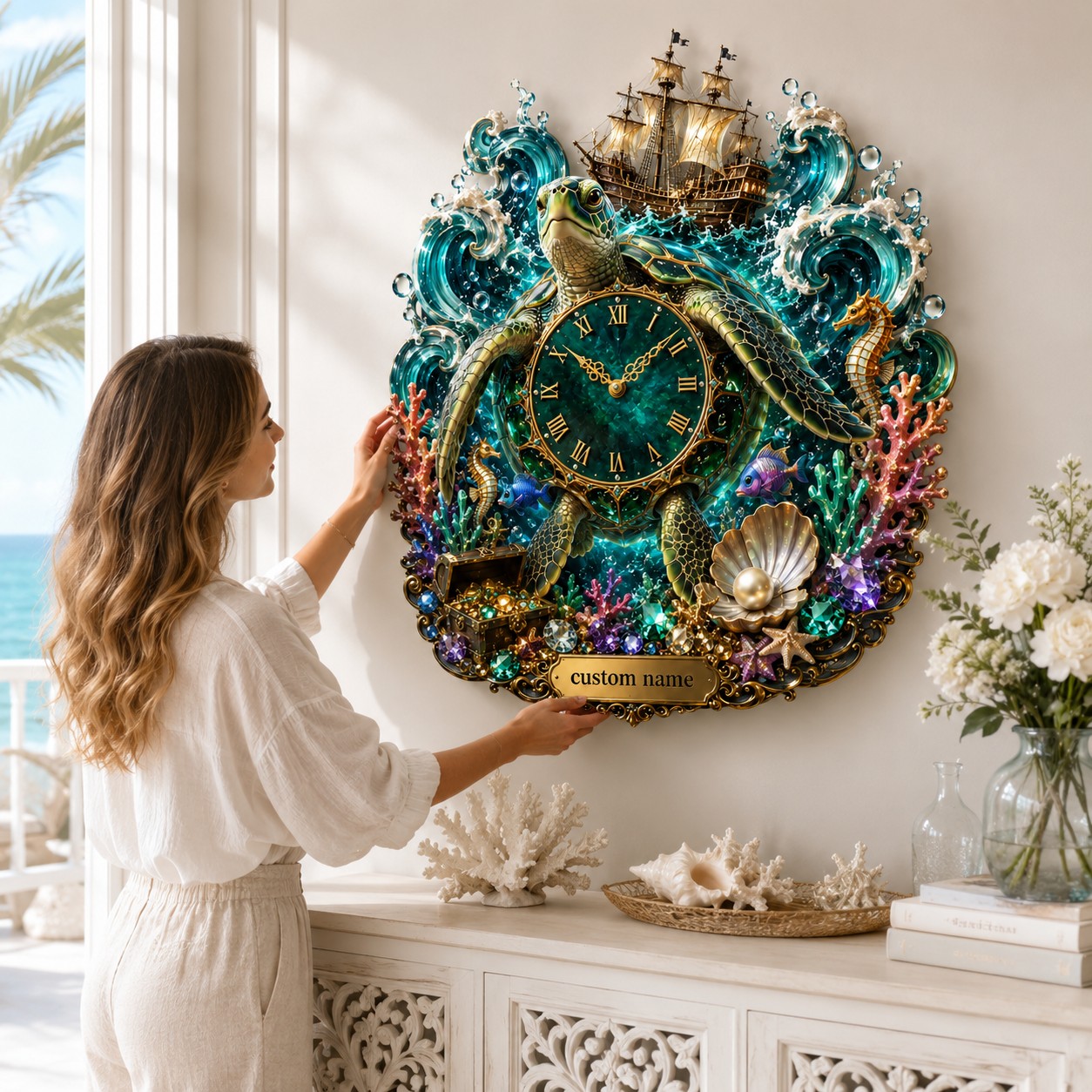 Personalized Fantasy Sea Turtle Wall Clock with Custom Name — personalized with a custom name